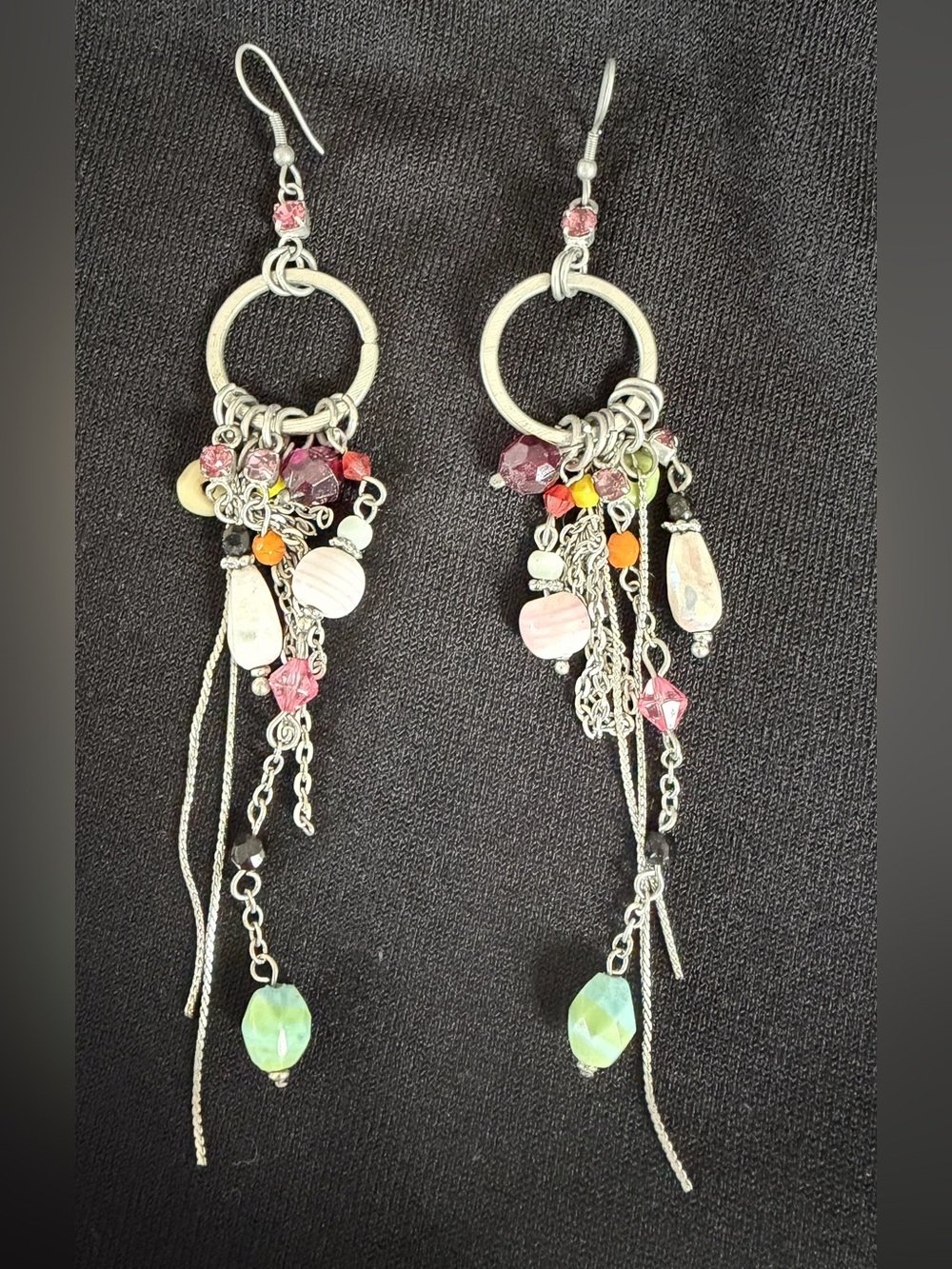 Bohemian Silver Multi-Bead Dangle Earrings with Pink, Green and Orange Accents